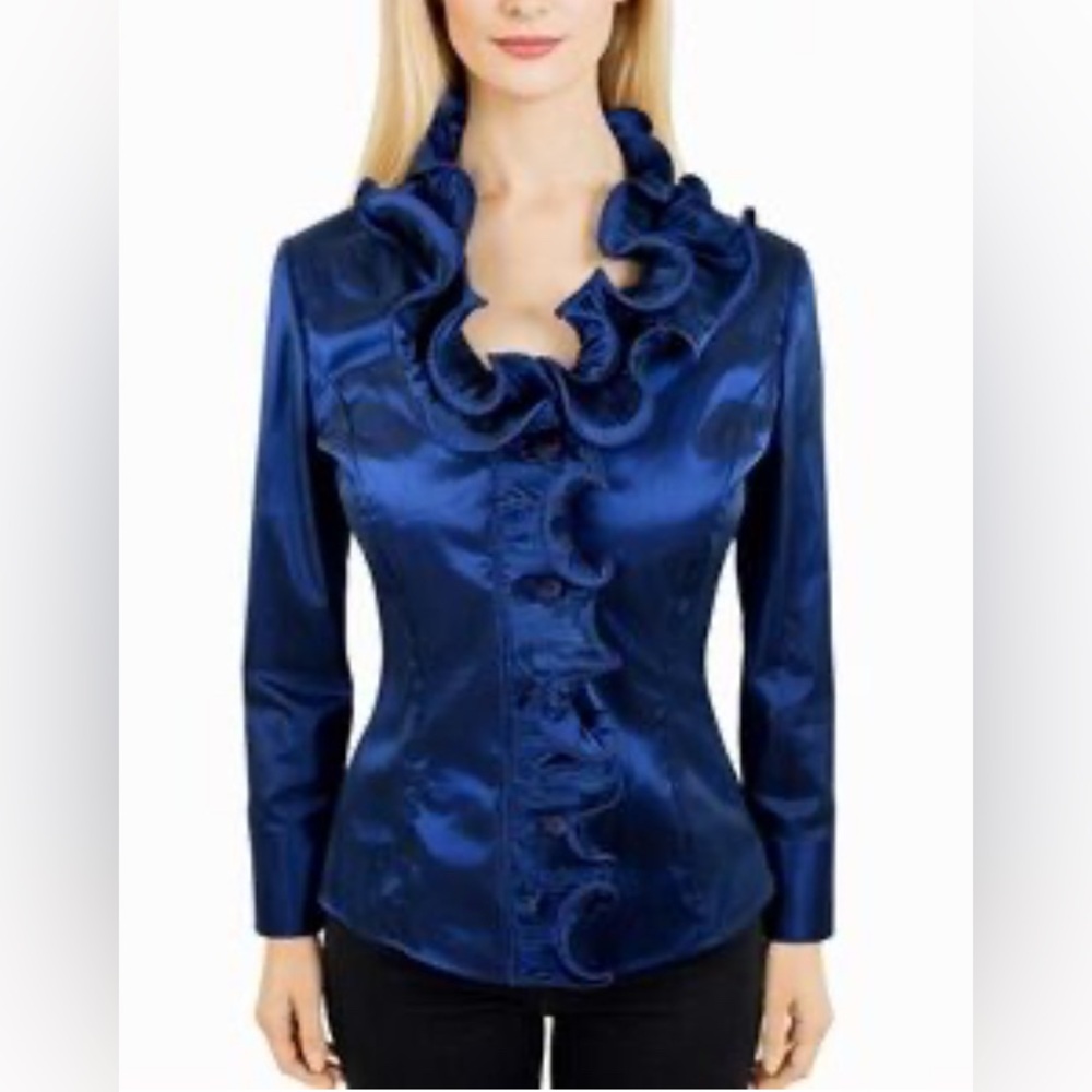 Samuel Dong Royal Blue Satin Ruffle-Front Blouse